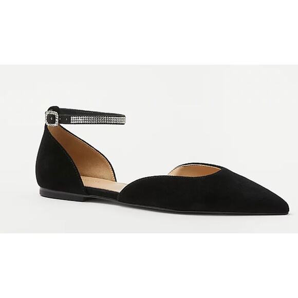 NWOB Ann Taylor Black Suede Flats Crystal Ankle Strap Size 5.5 - Picture 1 of 6